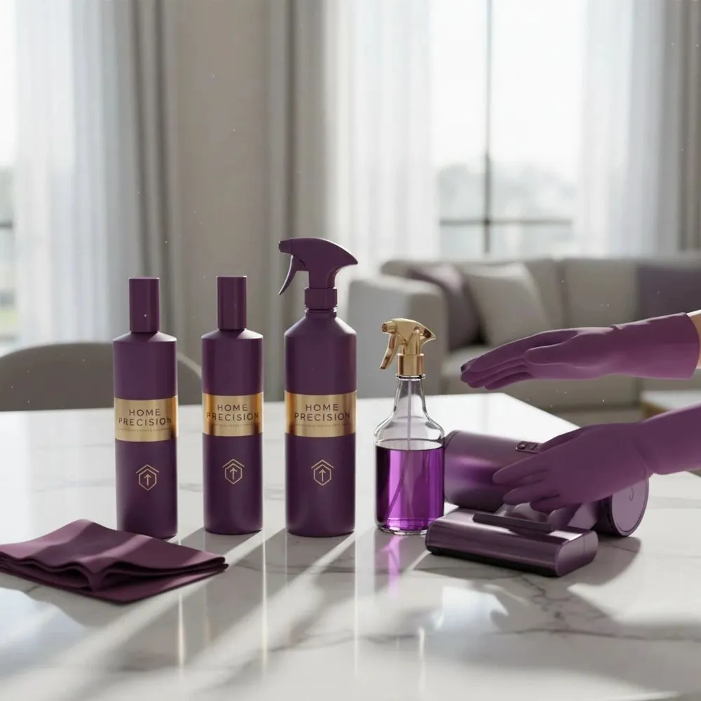 Purple and gold cleaning bottles and cloths on a white counter