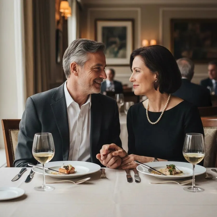 A couple holding hands across a restaurant table