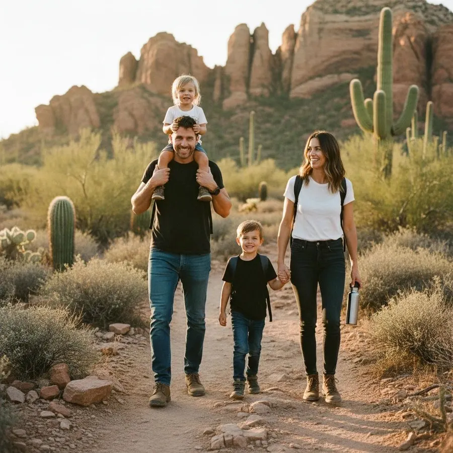 A family hiking a desert trail among saguaros