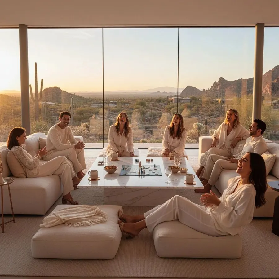 Friends laughing over a board game in a room with desert views