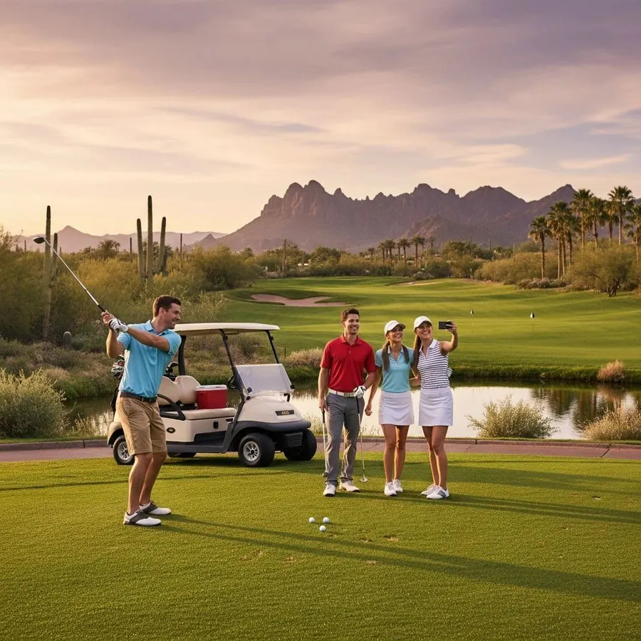 Friends on a desert golf course at sunset