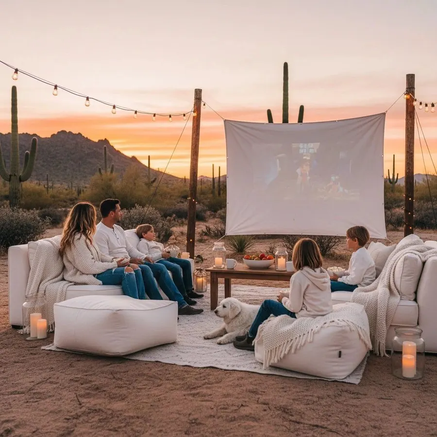 A family watching an outdoor movie in the desert at dusk