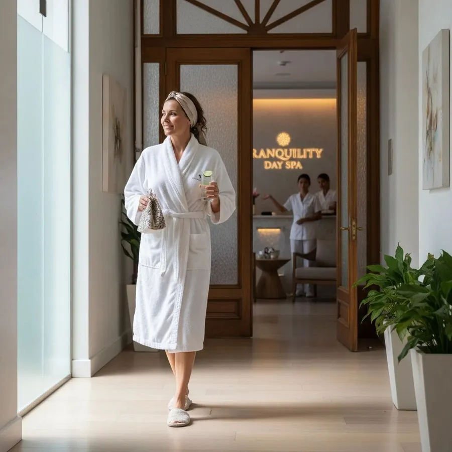 A woman in a white robe leaving a day spa with a drink in hand